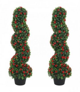 HOMCOM Decorative Artificial Plants Set of 2, UV Resistant Fake Plants in Pot for Indoor Outdoor Decor, 90cm, Red