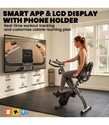SPORTNOW 4-In-1 Folding Exercise Bike with Resistance Bands, Bluetooth App, 8-Level Magnetic Resistance, LCD Display, Black