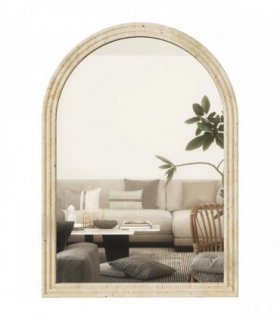 HOMCOM Arched Wall Mirror with Grooved Edge & Hooks, Wall-Mounted Mirror, Modern Tempered Glass & Polystyrene Beige