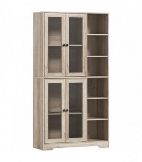 HOMCOM Multi-Storage Kitchen Cabinet, with Glass Doors - Grey Wood-Effect