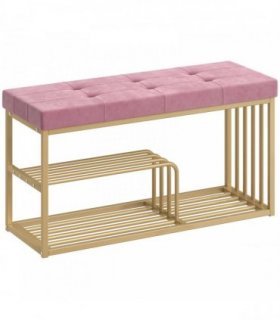 HOMCOM Bench and Shoe Storage, Tufted Shoe Storage Bench with Velvet Seat Cushion Gold Steel Frame for Entryway, Pink