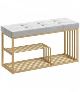 HOMCOM Bench and Shoe Storage, Tufted Shoe Storage Bench with Velvet Seat Cushion Gold Steel Frame for Entryway, Grey