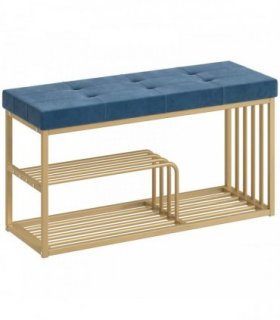 HOMCOM Bench and Shoe Storage, Tufted Shoe Storage Bench with Velvet Seat Cushion Gold Steel Frame for Entryway, Dark Blue