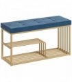HOMCOM Bench and Shoe Storage, Tufted Shoe Storage Bench with Velvet Seat Cushion Gold Steel Frame for Entryway, Dark Blue