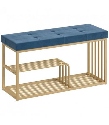 HOMCOM Bench and Shoe Storage, Tufted Shoe Storage Bench with Velvet Seat Cushion Gold Steel Frame for Entryway, Dark Blue