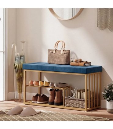 HOMCOM Bench and Shoe Storage, Tufted Shoe Storage Bench with Velvet Seat Cushion Gold Steel Frame for Entryway, Dark Blue