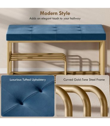 HOMCOM Bench and Shoe Storage, Tufted Shoe Storage Bench with Velvet Seat Cushion Gold Steel Frame for Entryway, Dark Blue