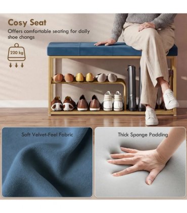 HOMCOM Bench and Shoe Storage, Tufted Shoe Storage Bench with Velvet Seat Cushion Gold Steel Frame for Entryway, Dark Blue