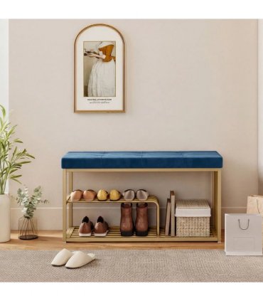 HOMCOM Bench and Shoe Storage, Tufted Shoe Storage Bench with Velvet Seat Cushion Gold Steel Frame for Entryway, Dark Blue