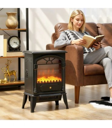 HOMCOM Electric Fireplace Stove Heater with 3D Flame Effect, 2000W/1000W, Freestanding Portable Fireplace with Adjustable Thermostat, 2 Heat Settings for Living Room, Black