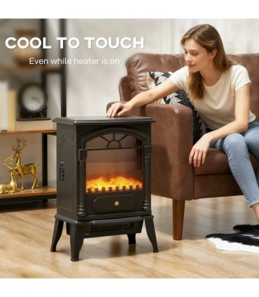 HOMCOM Electric Fireplace Stove Heater with 3D Flame Effect, 2000W/1000W, Freestanding Portable Fireplace with Adjustable Thermostat, 2 Heat Settings for Living Room, Black