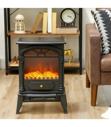 HOMCOM Electric Fireplace Stove Heater with 3D Flame Effect, 2000W/1000W, Freestanding Portable Fireplace with Adjustable Thermostat, 2 Heat Settings for Living Room, Black