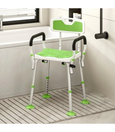 HOMCOM EVA Padded Shower Chair for the Elderly and Disabled, Height Adjustable Shower Stool with Back and Arms, 4 Suction Foot Pads, Green