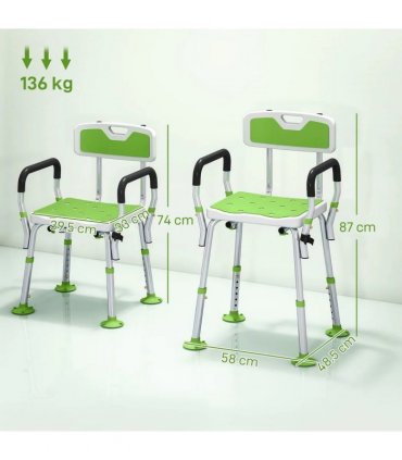 HOMCOM EVA Padded Shower Chair for the Elderly and Disabled, Height Adjustable Shower Stool with Back and Arms, 4 Suction Foot Pads, Green