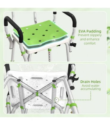 HOMCOM EVA Padded Shower Chair for the Elderly and Disabled, Height Adjustable Shower Stool with Back and Arms, 4 Suction Foot Pads, Green