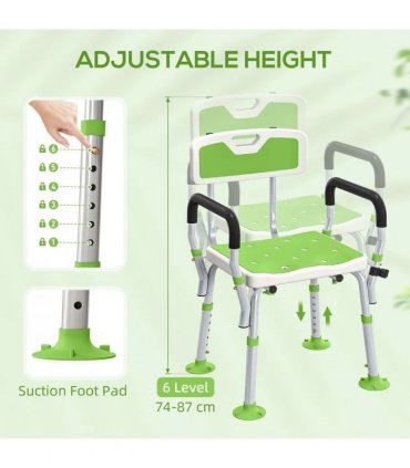 HOMCOM EVA Padded Shower Chair for the Elderly and Disabled, Height Adjustable Shower Stool with Back and Arms, 4 Suction Foot Pads, Green