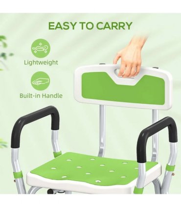 HOMCOM EVA Padded Shower Chair for the Elderly and Disabled, Height Adjustable Shower Stool with Back and Arms, 4 Suction Foot Pads, Green