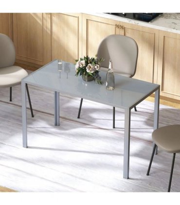 HOMCOM 120cm Dining Table, Rectangle 4 Seater Kitchen Table with Tempered Glass Top and Metal Legs, Grey