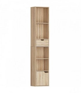 HOMCOM 6-Tier Bookcase, Tall Narrow Bookshelf with Drawer and Door - Natural Wood Finish