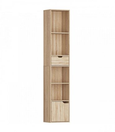 HOMCOM 6-Tier Bookcase, Tall Narrow Bookshelf with Drawer and Door - Natural Wood Finish