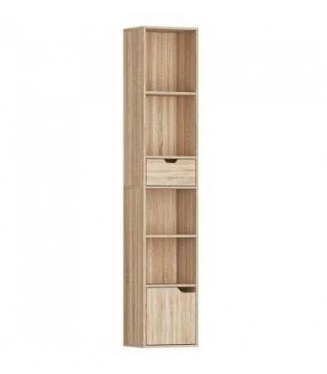 HOMCOM 6-Tier Bookcase, Tall Narrow Bookshelf with Drawer and Door - Natural Wood Finish