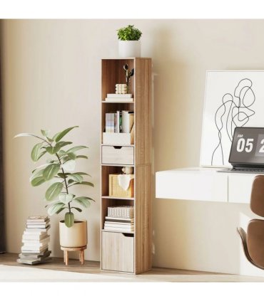 HOMCOM 6-Tier Bookcase, Tall Narrow Bookshelf with Drawer and Door - Natural Wood Finish