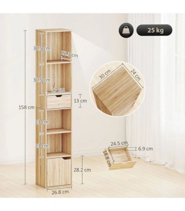HOMCOM 6-Tier Bookcase, Tall Narrow Bookshelf with Drawer and Door - Natural Wood Finish