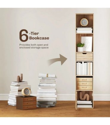 HOMCOM 6-Tier Bookcase, Tall Narrow Bookshelf with Drawer and Door - Natural Wood Finish