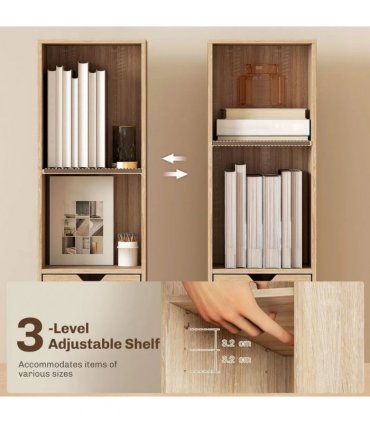 HOMCOM 6-Tier Bookcase, Tall Narrow Bookshelf with Drawer and Door - Natural Wood Finish