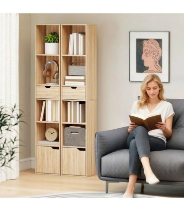 HOMCOM 6-Tier Bookcase, Tall Narrow Bookshelf with Drawer and Door - Natural Wood Finish