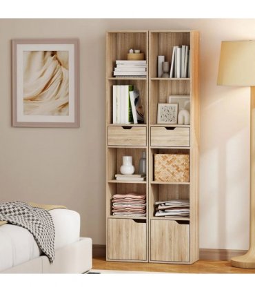 HOMCOM 6-Tier Bookcase, Tall Narrow Bookshelf with Drawer and Door - Natural Wood Finish