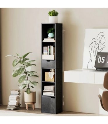 HOMCOM 6-Tier Bookcase, Tall Narrow Bookshelf with Drawer and Door - Black