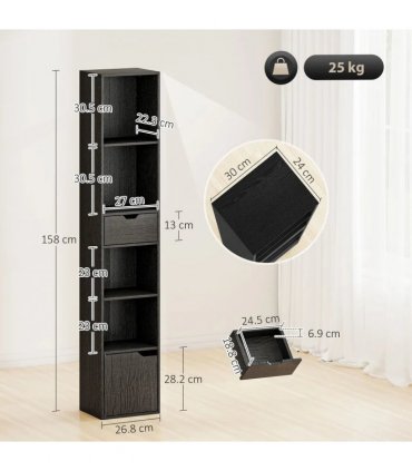 HOMCOM 6-Tier Bookcase, Tall Narrow Bookshelf with Drawer and Door - Black