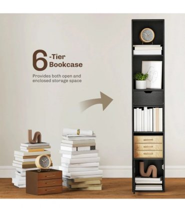 HOMCOM 6-Tier Bookcase, Tall Narrow Bookshelf with Drawer and Door - Black