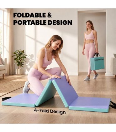 SPORTNOW Foldable Gymnastics Mat, 6 ft Long & Four Folding Thick Exercise Tumbling Mat with Carrying Handles, Green & Purple