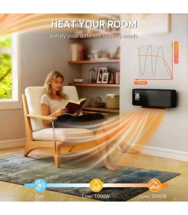 HOMCOM 2000W Ceramic Electric Heater with Fan, Adjustable Thermostat, Wall Mounted - Black