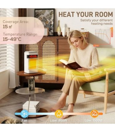 HOMCOM Ceramic Electric Heater, 1500W Fan Space Heater with 3 Modes, 24H Timer, Flame Effect, Oscillation for Bedroom, White