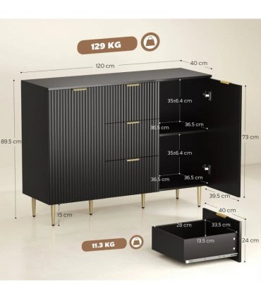HOMCOM 2-Door Sideboard with 3 Drawers and Adjustable Shelves - Black