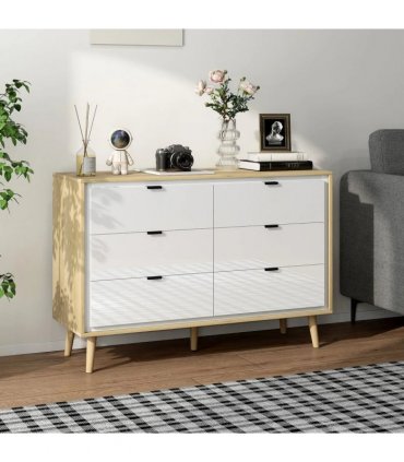 HOMCOM Storage Cabinet, Chest of Drawers with 6  Drawers and 5 Legs for Bedroom,  High Gloss White