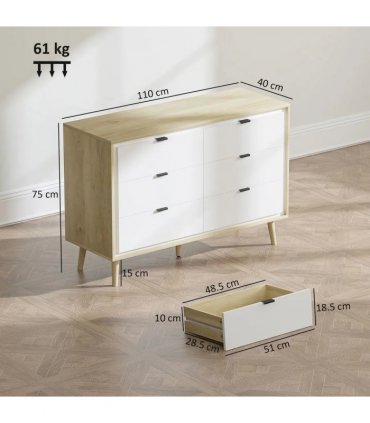 HOMCOM Storage Cabinet, Chest of Drawers with 6  Drawers and 5 Legs for Bedroom,  High Gloss White