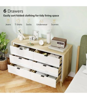 HOMCOM Storage Cabinet, Chest of Drawers with 6  Drawers and 5 Legs for Bedroom,  High Gloss White