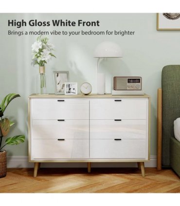 HOMCOM Storage Cabinet, Chest of Drawers with 6  Drawers and 5 Legs for Bedroom,  High Gloss White