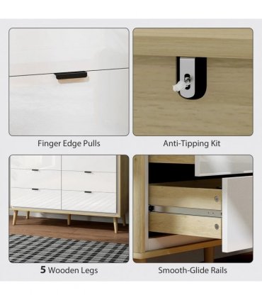 HOMCOM Storage Cabinet, Chest of Drawers with 6  Drawers and 5 Legs for Bedroom,  High Gloss White