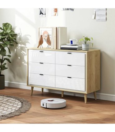 HOMCOM Storage Cabinet, Chest of Drawers with 6  Drawers and 5 Legs for Bedroom,  High Gloss White