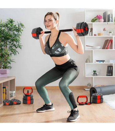 SPORTNOW 6-in-1 Adjustable Weight Dumbbells Set, Used as Kettlebell, Barbell, Dumbbell, Push-Up Stand, 30kg Free Weights Set for Men and Women Home Gym Training, Red