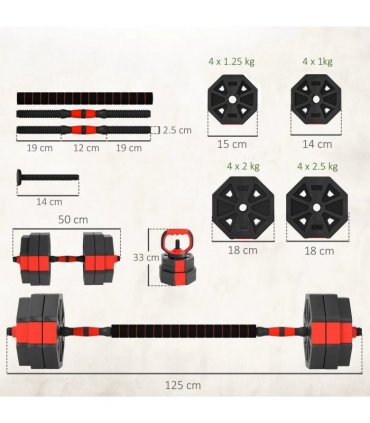 SPORTNOW 6-in-1 Adjustable Weight Dumbbells Set, Used as Kettlebell, Barbell, Dumbbell, Push-Up Stand, 30kg Free Weights Set for Men and Women Home Gym Training, Red
