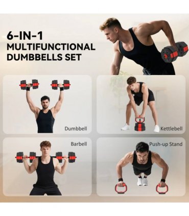 SPORTNOW 6-in-1 Adjustable Weight Dumbbells Set, Used as Kettlebell, Barbell, Dumbbell, Push-Up Stand, 30kg Free Weights Set for Men and Women Home Gym Training, Red