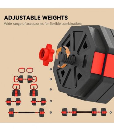 SPORTNOW 6-in-1 Adjustable Weight Dumbbells Set, Used as Kettlebell, Barbell, Dumbbell, Push-Up Stand, 30kg Free Weights Set for Men and Women Home Gym Training, Red