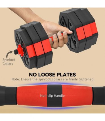 SPORTNOW 6-in-1 Adjustable Weight Dumbbells Set, Used as Kettlebell, Barbell, Dumbbell, Push-Up Stand, 30kg Free Weights Set for Men and Women Home Gym Training, Red