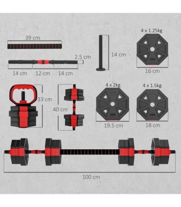 SPORTNOW 6-in-1 Adjustable Weight Dumbbells Set, Used as Kettlebell, Barbell, Dumbbell, Push-Up Stand, 20kg Free Weights Set for Men and Women Home Gym Training, Red